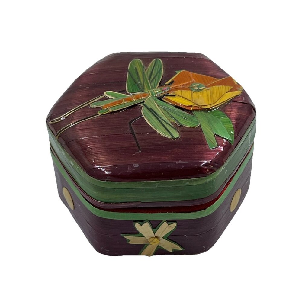 Vintage Chinese Straw Bamboo Small Trinket Box Stash‎ Pill Case Dragonfly Floral